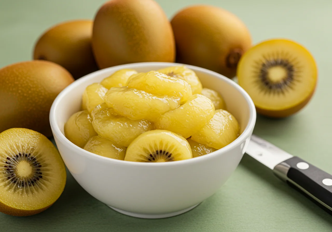 Scooped yellow kiwi pulp ready for the Kiwi Amarelo Natural recipe.