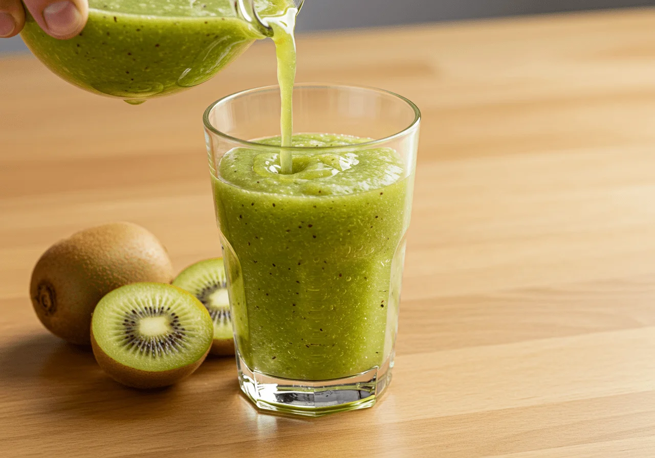 Glass filled with freshly made Kiwi Amarelo Natural ready to be enjoyed.
