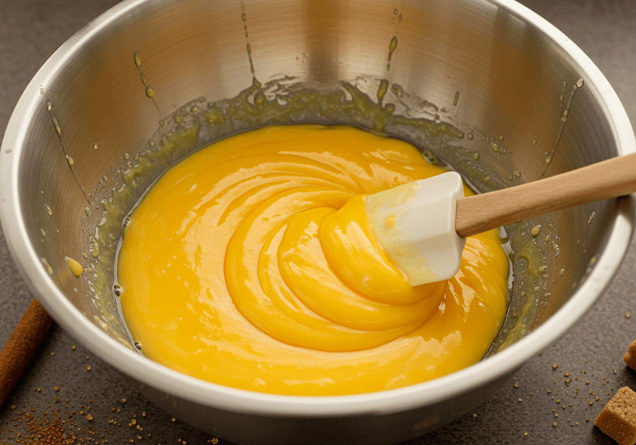 Combining syrup and egg yolks for lampreia de ovos mixture.