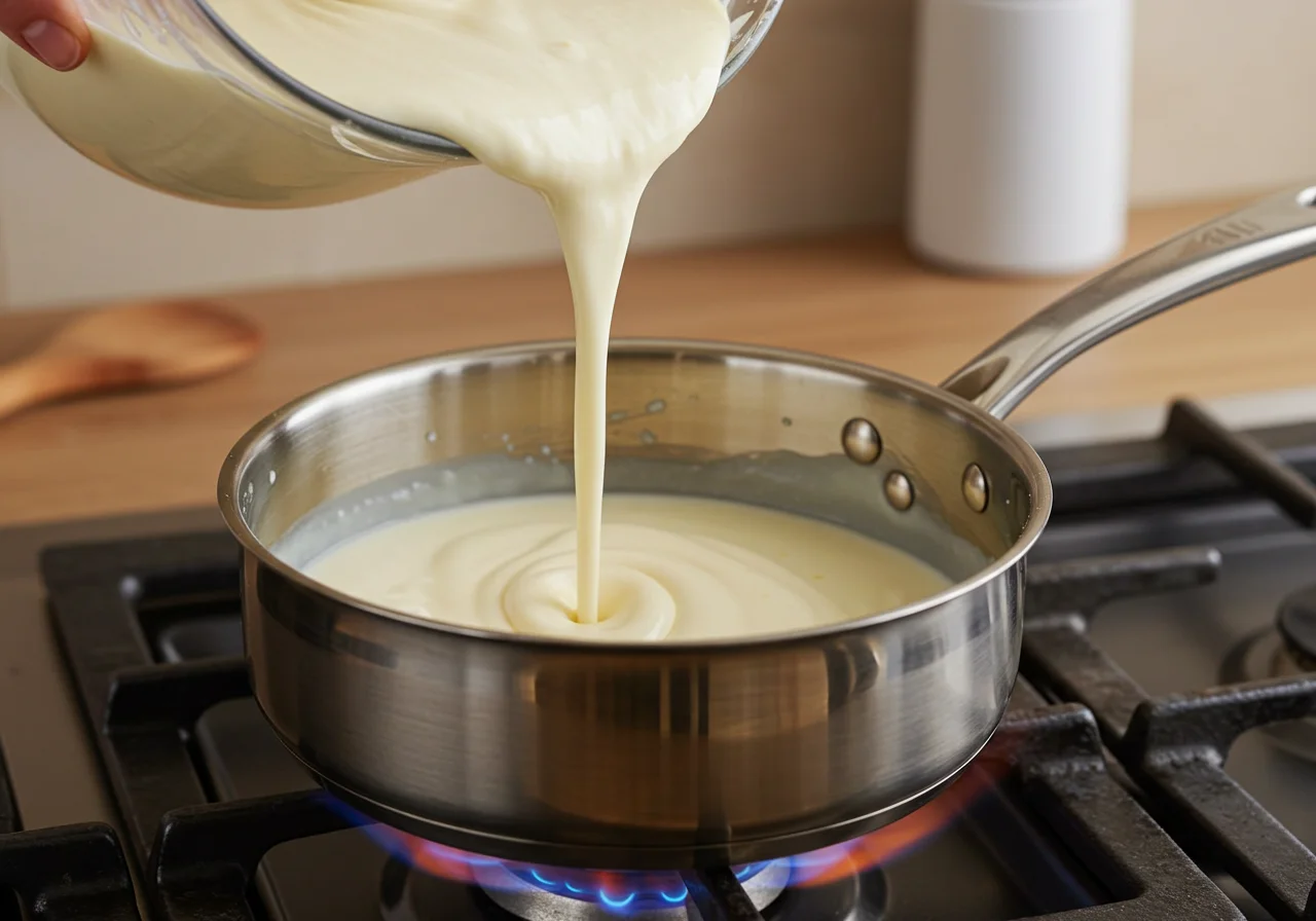 Creamy leite creme bimby pouring into a saucepan for the cooking process.