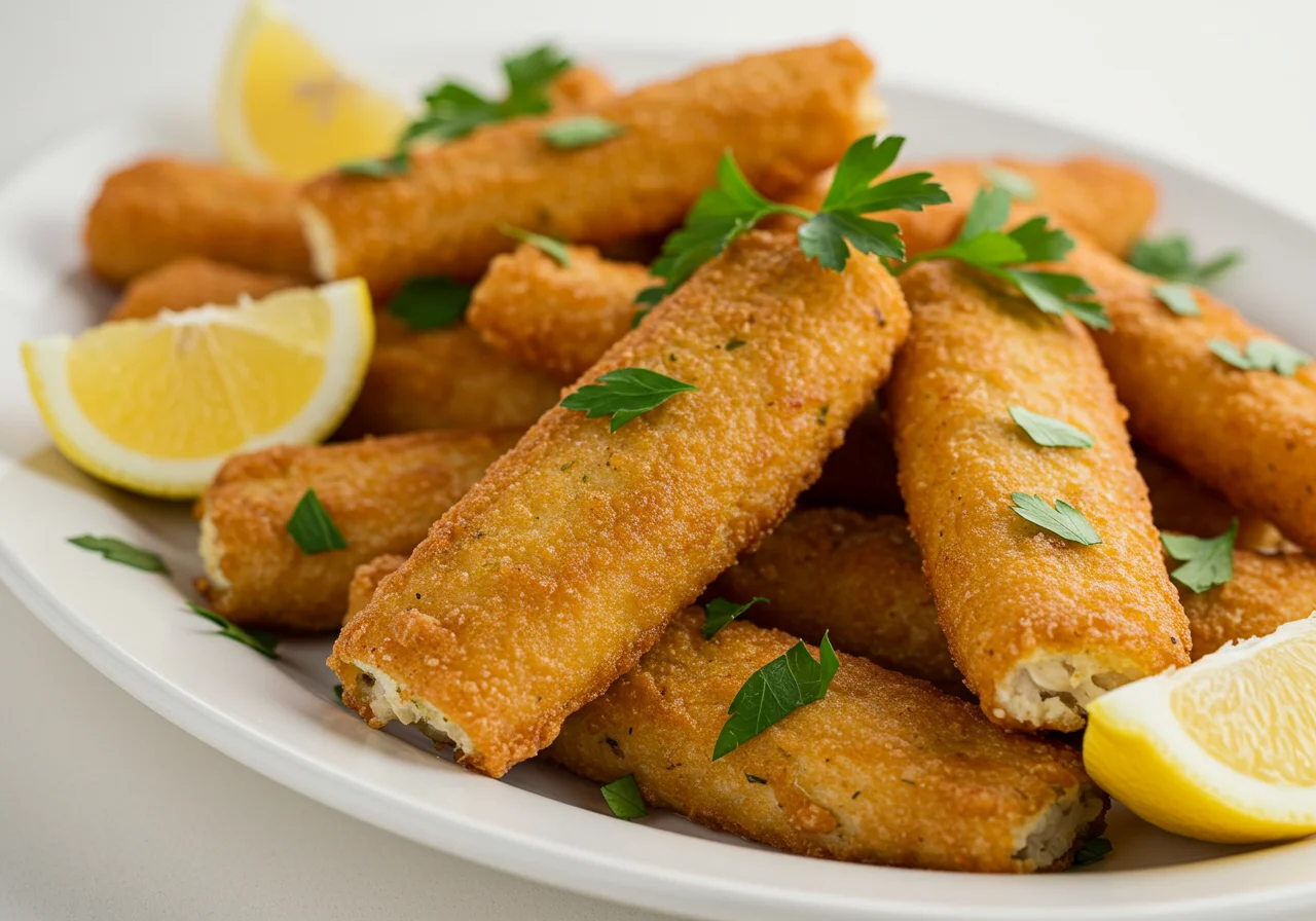 Crispy fried linguas de bacalhau served with lemon and parsley, perfect as an appetizer.