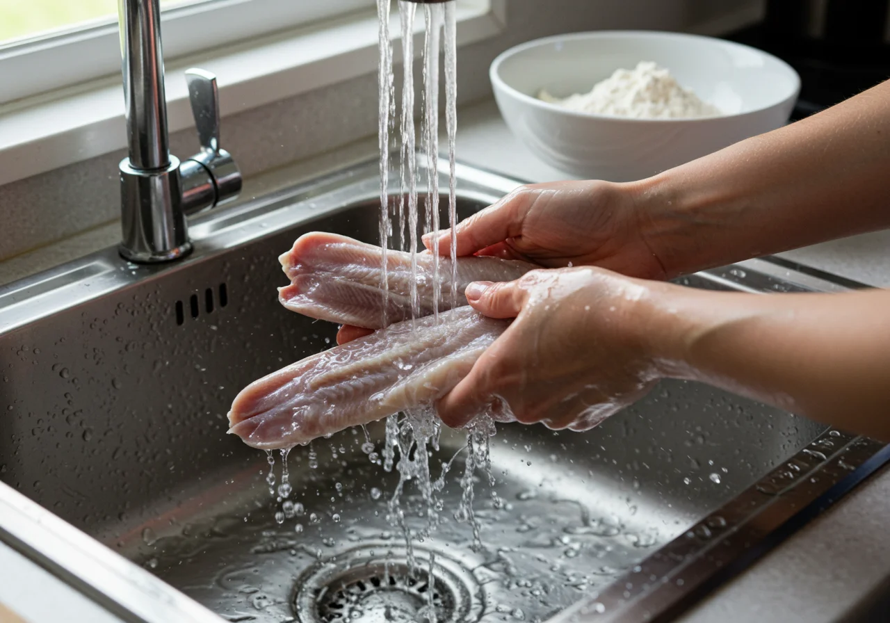 Linguas de bacalhau being prepared by rinsing for a crispy fried dish.