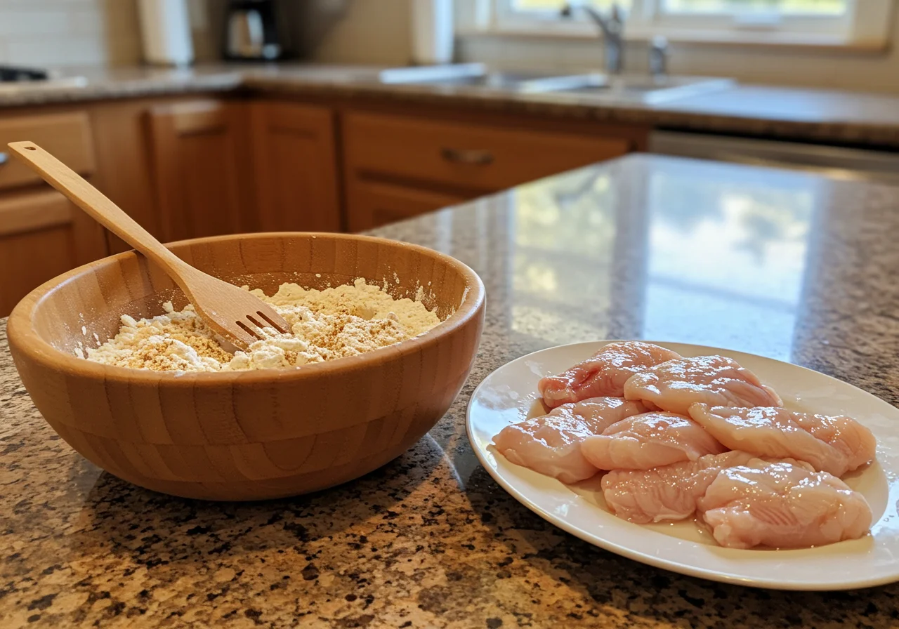 Seasoned flour mixture being prepared for coating linguas de bacalhau before frying.