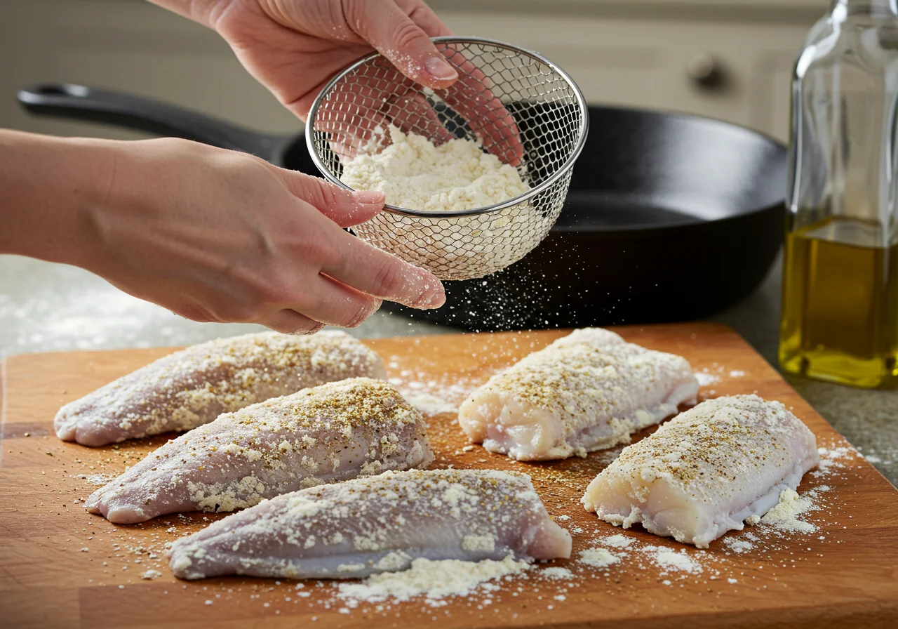 Linguas de bacalhau coated in seasoned flour, ready for frying for a delicious meal.