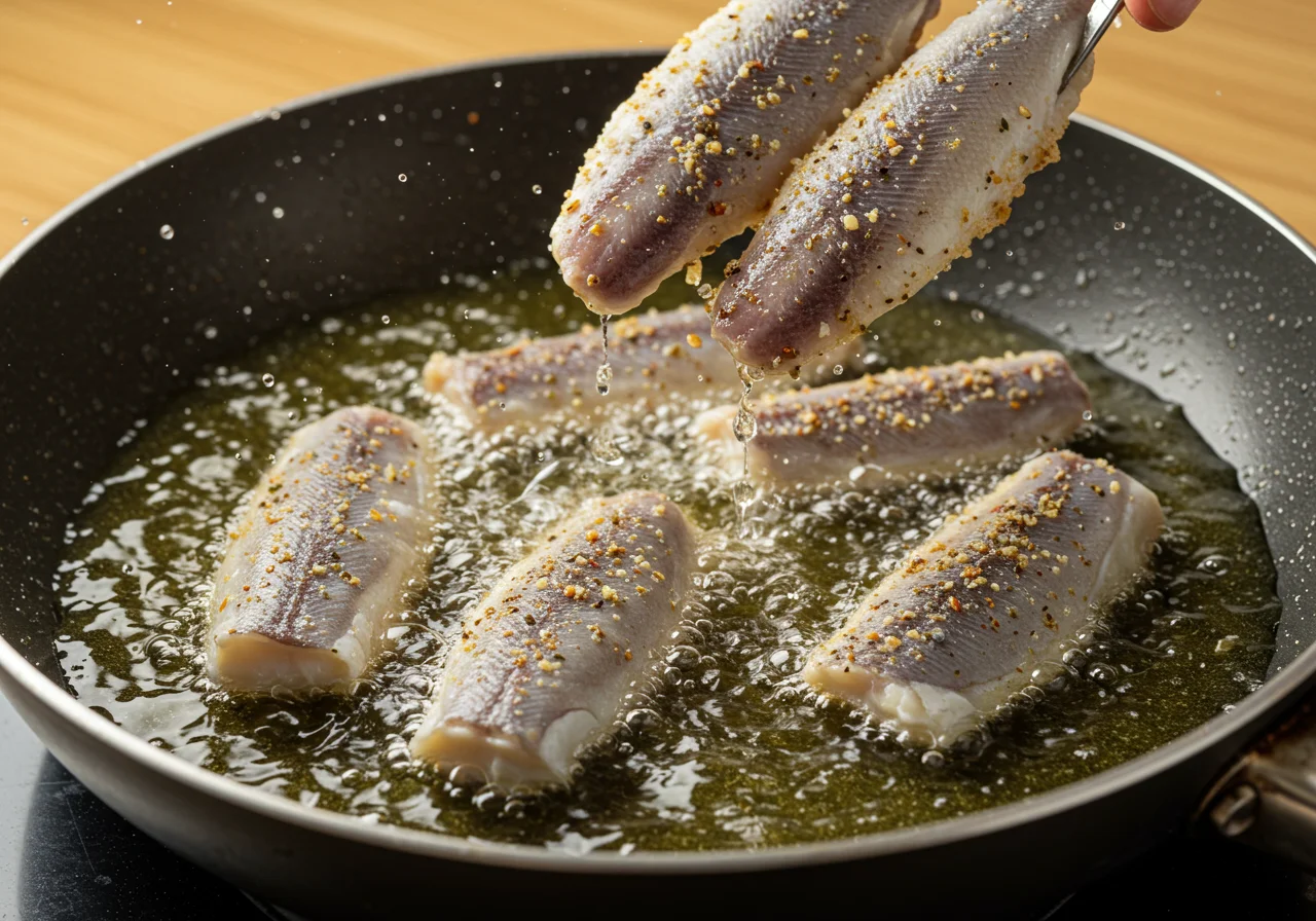 Frying linguas de bacalhau in hot oil for a crispy texture and golden appearance.