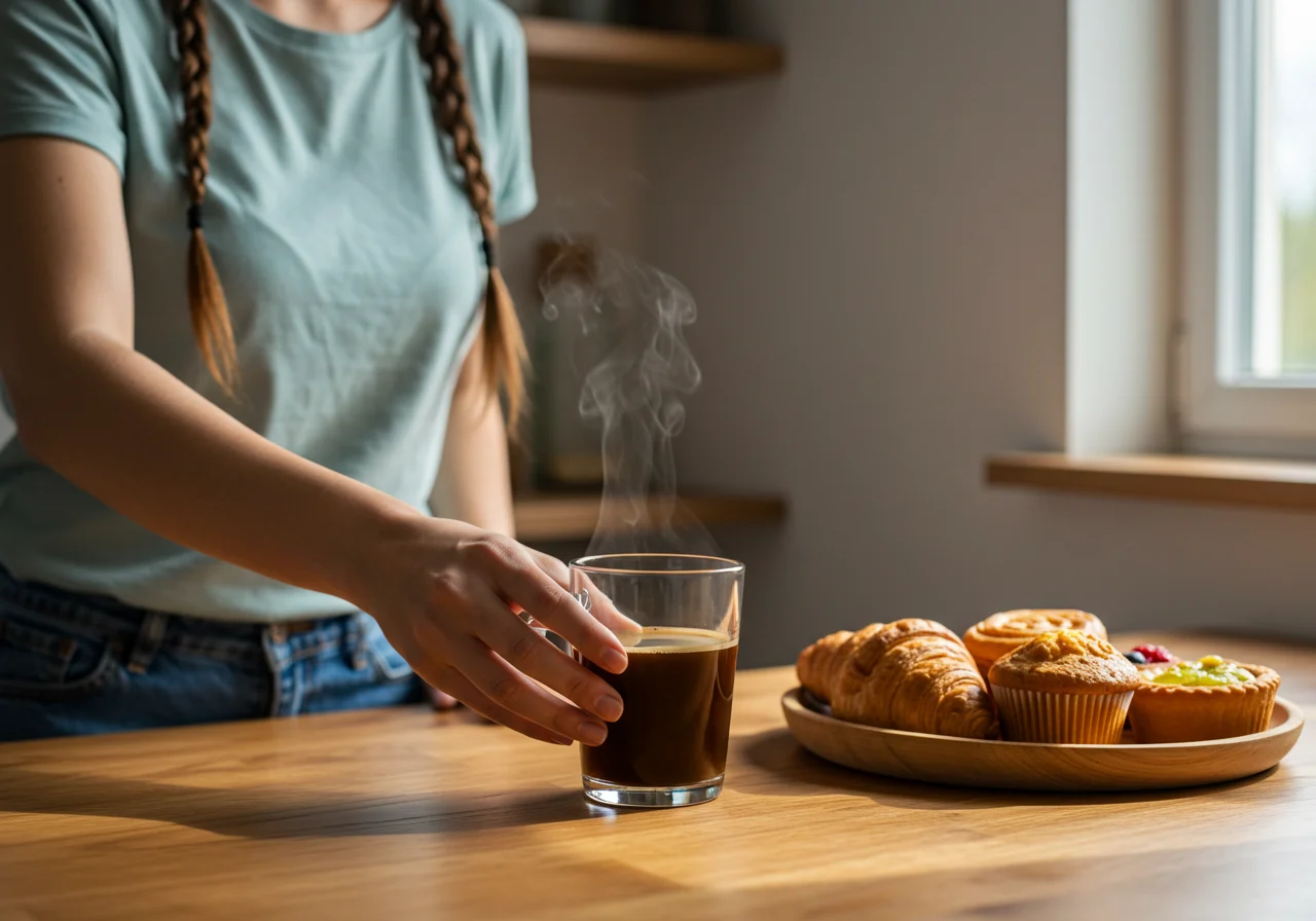 Xícara de café pronta ao lado de um prato com doces, usando máquina de café portátil.