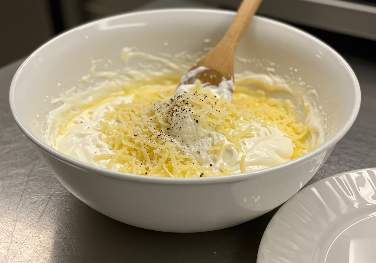Mistura de creme e queijo sendo preparada para a combinação da massa carbonara com natas e bacon.