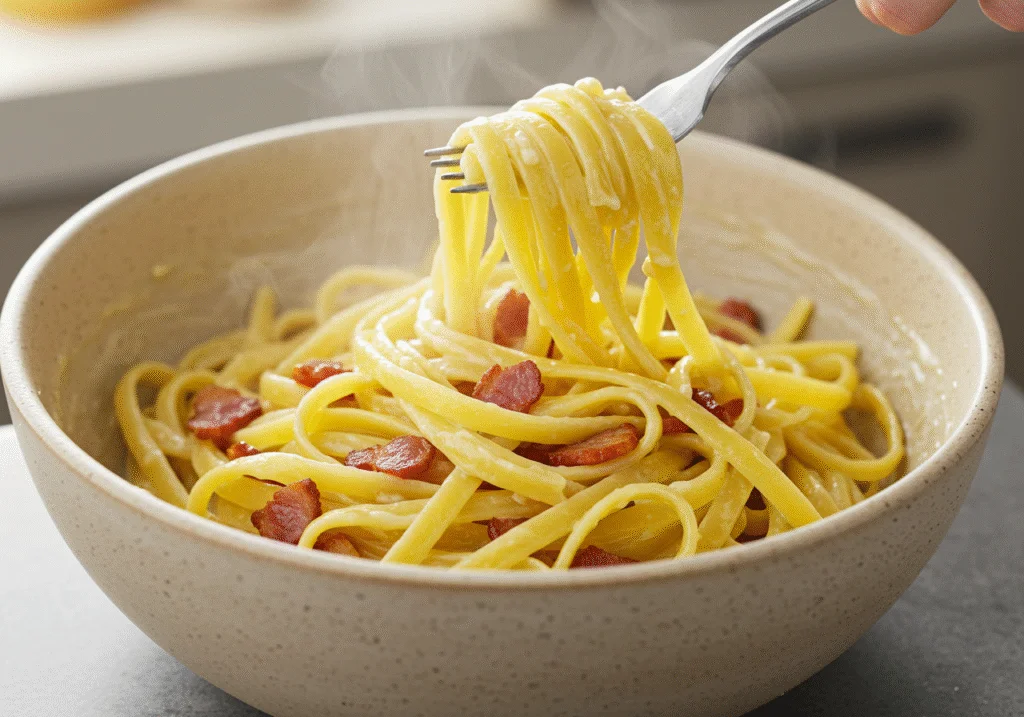 Combinando a massa carbonara com natas e bacon em uma tigela grande.