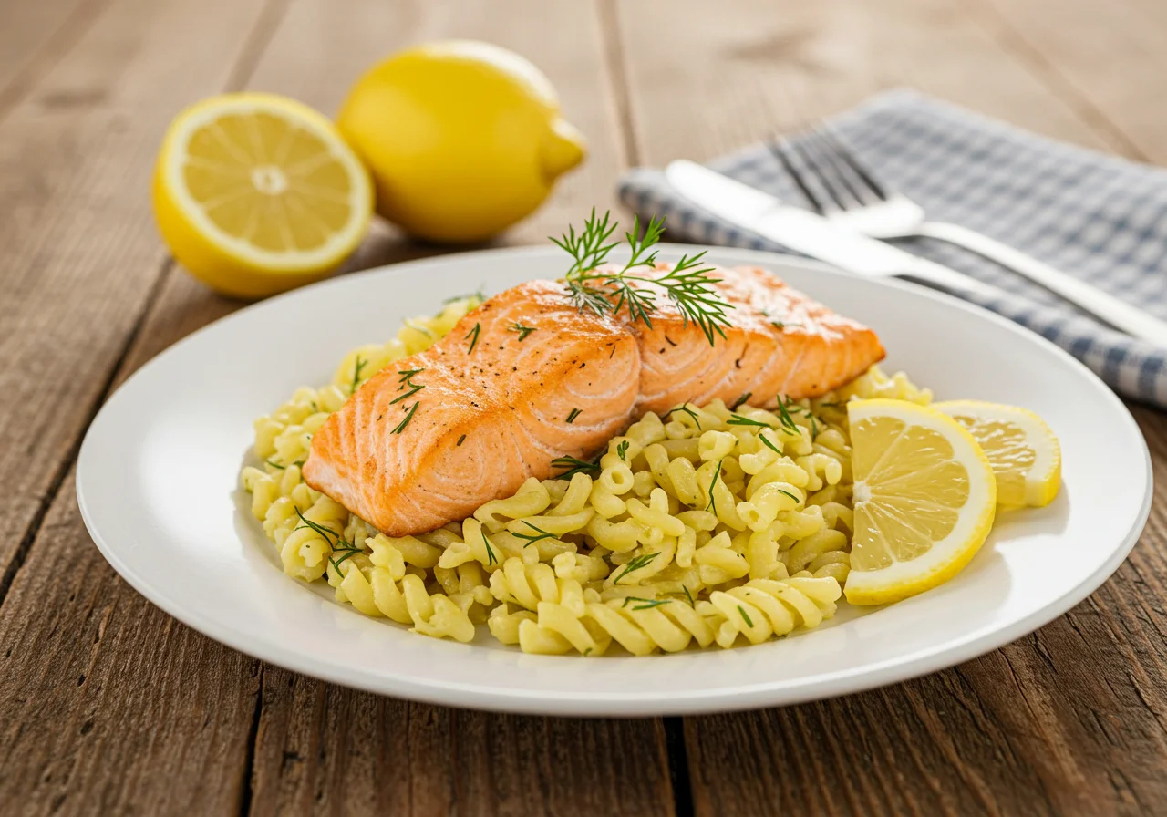 Delicious massa com salmão served with dill and lemon, a perfect gourmet dish.