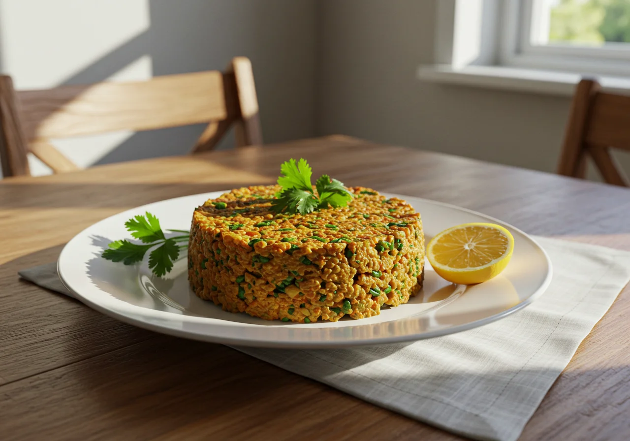 Massa de atum finalizada, decorada com ervas frescas e limão, pronta para saborear.