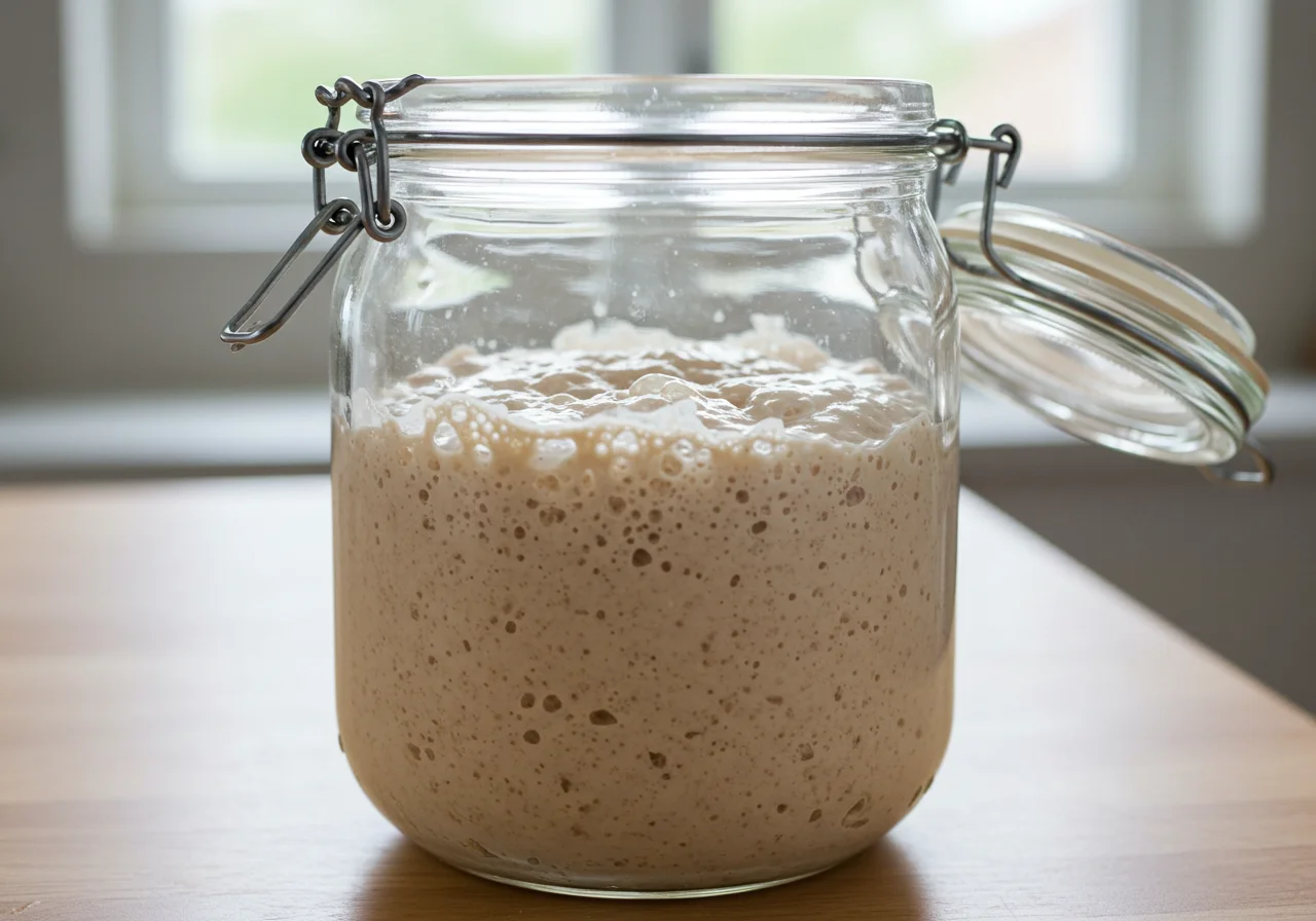 Fermenting massa mãe in a jar, a key step in creating pão massa mãe.