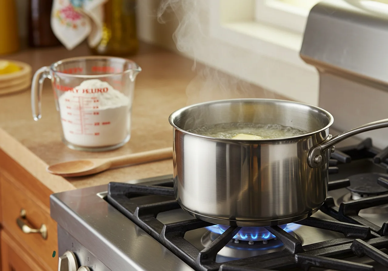 Preparing the massa de rissois by boiling butter and water for a delicious dough base.