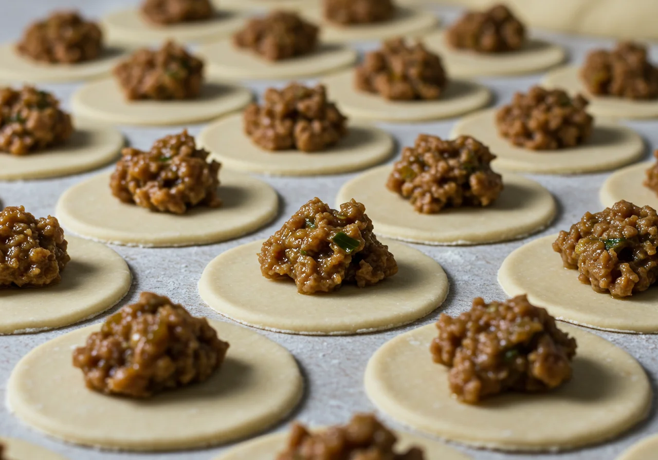 Cutting dough circles for massa de rissois and adding filling for crispy risóis.