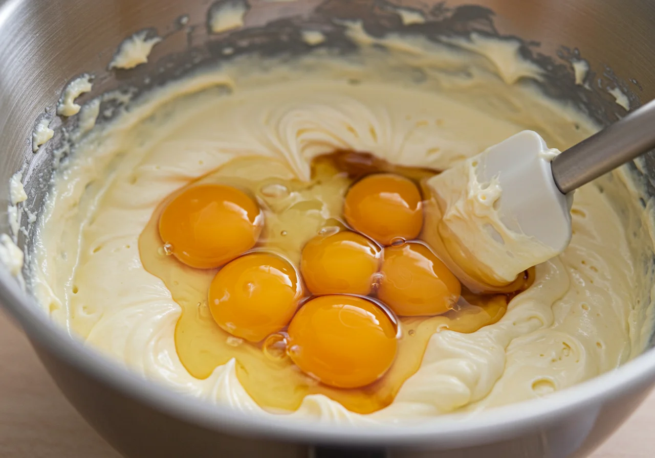 Ovos sendo adicionados à mistura na preparação das melhores receitas de bolos.