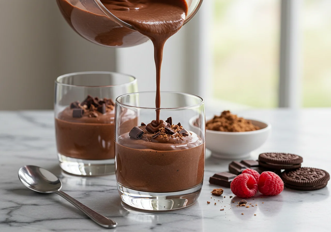 Colocando mousse de chocolate intenso em taças para servir.