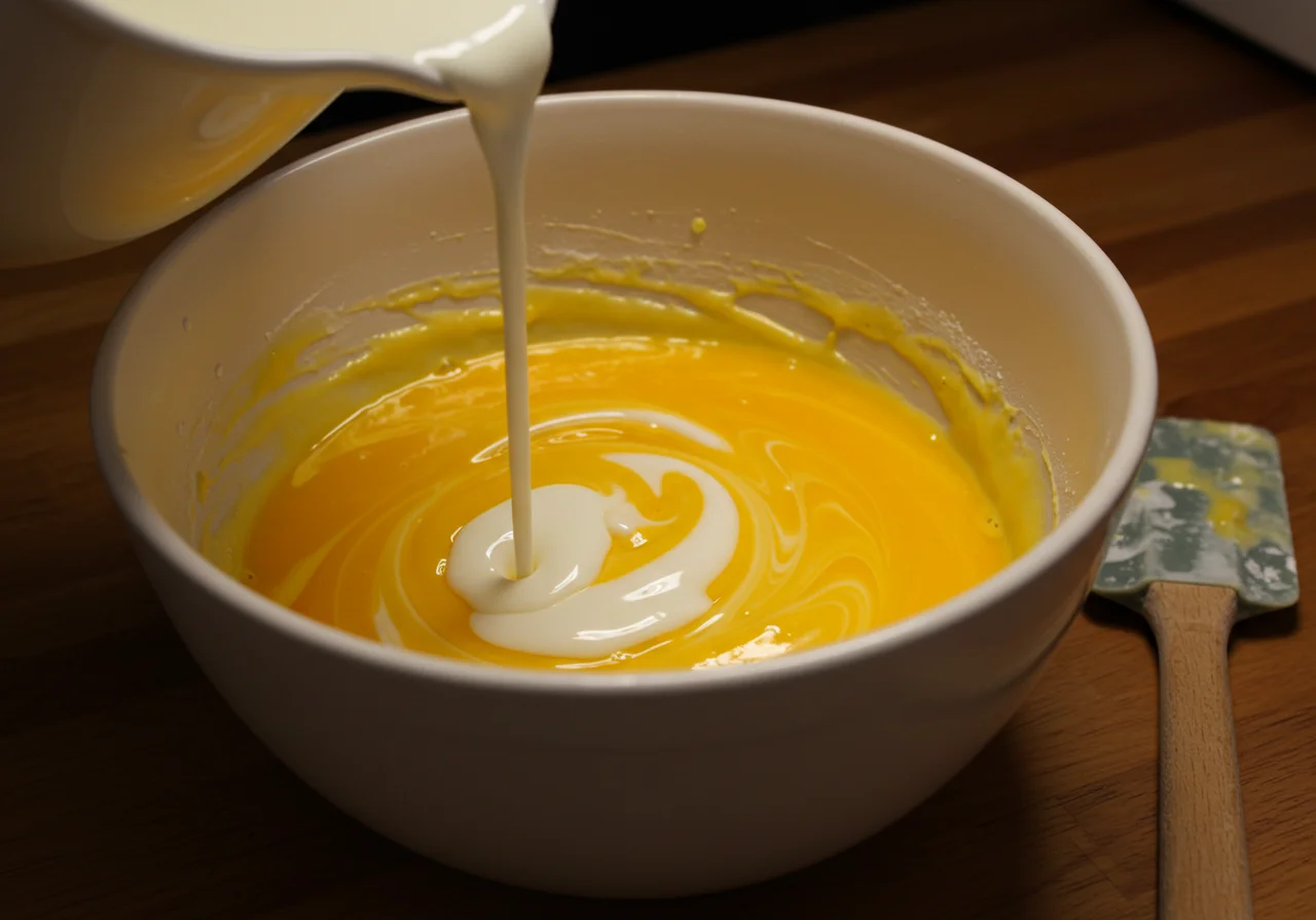 Mistura de leite quente sendo incorporada às gemas para a receita natas do céu.