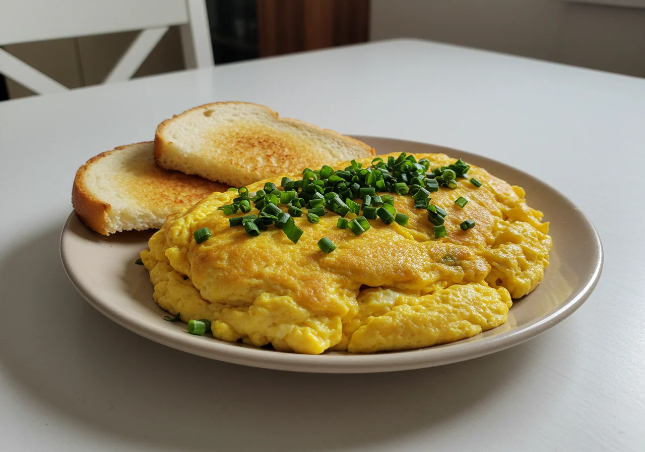 Fluffy ovo mexido calorias garnished with herbs, served elegantly for a healthy meal.