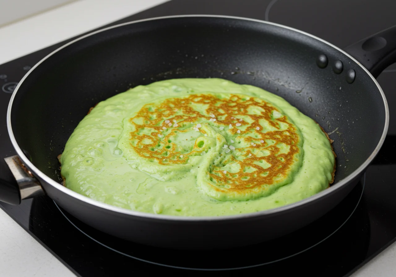 Mistura de ovos verdes servindo na frigideira para Ovos Verdes Simples.