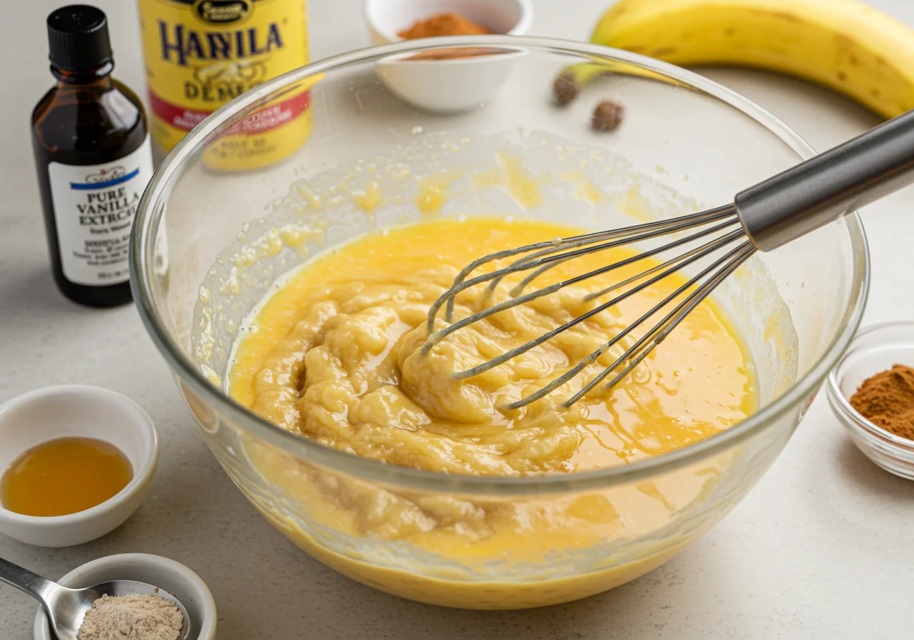 Bananas and eggs mixed in a bowl for panquecas aveia preparation.