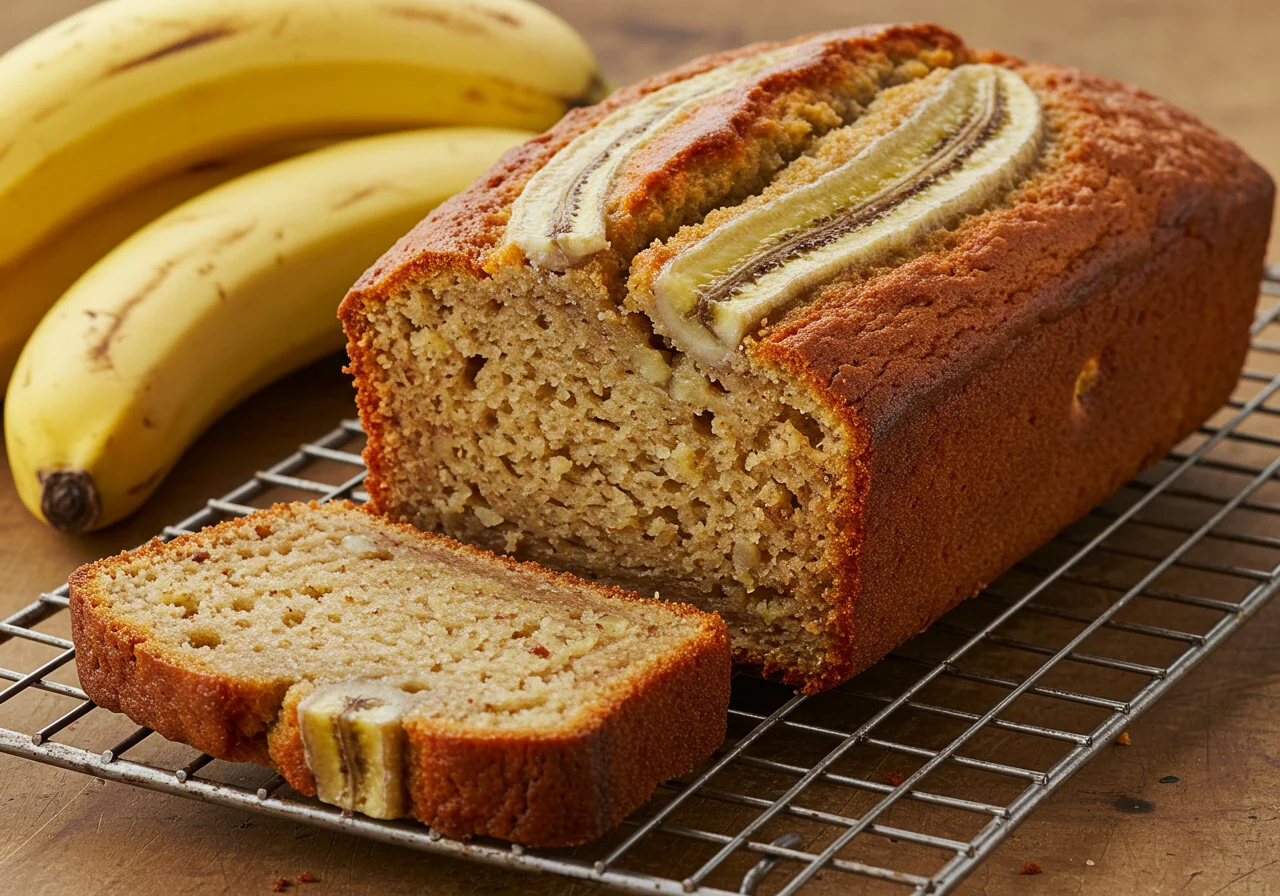 Finished banana pão loaf with a slice showing its moist texture, perfect for enjoying at home.