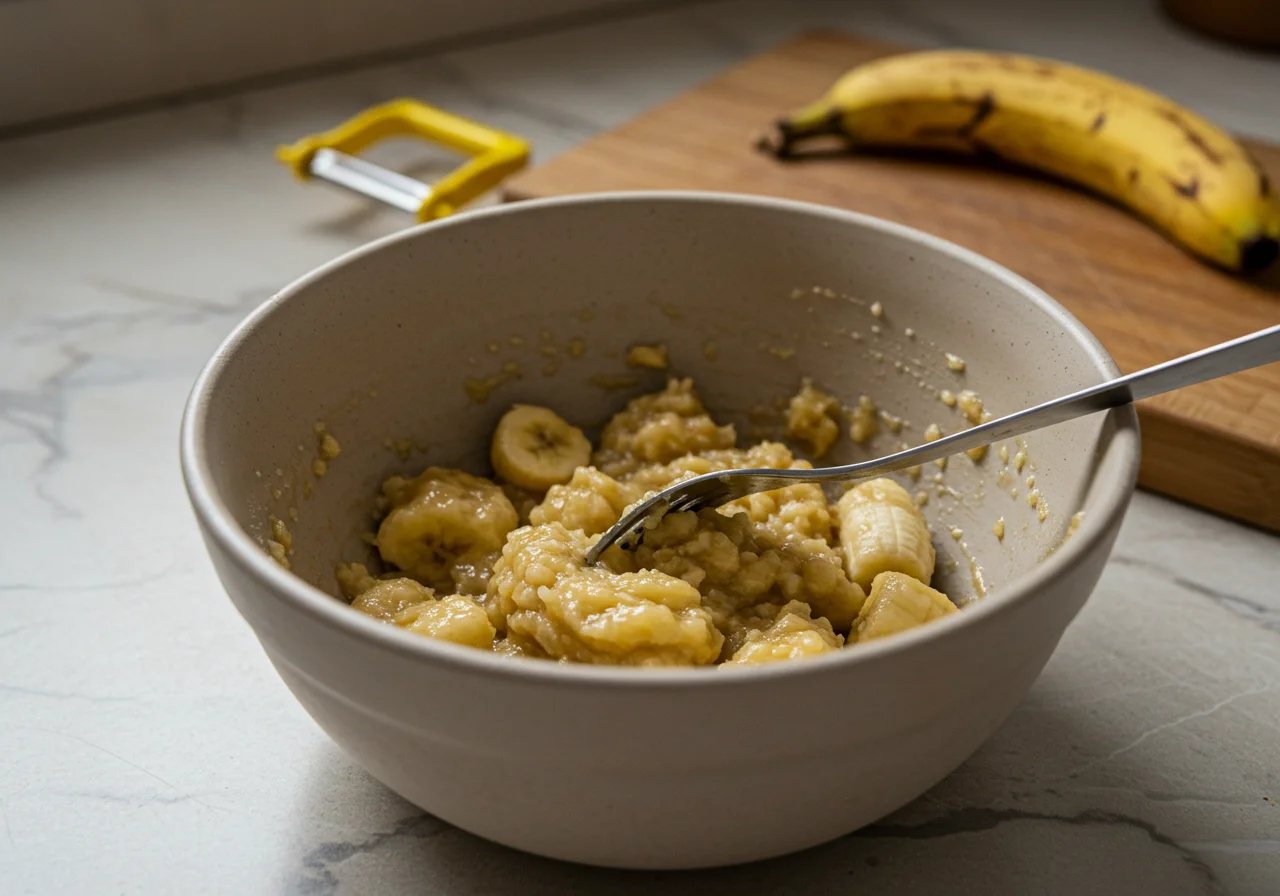 Bananas being mashed for homemade banana pão recipe.