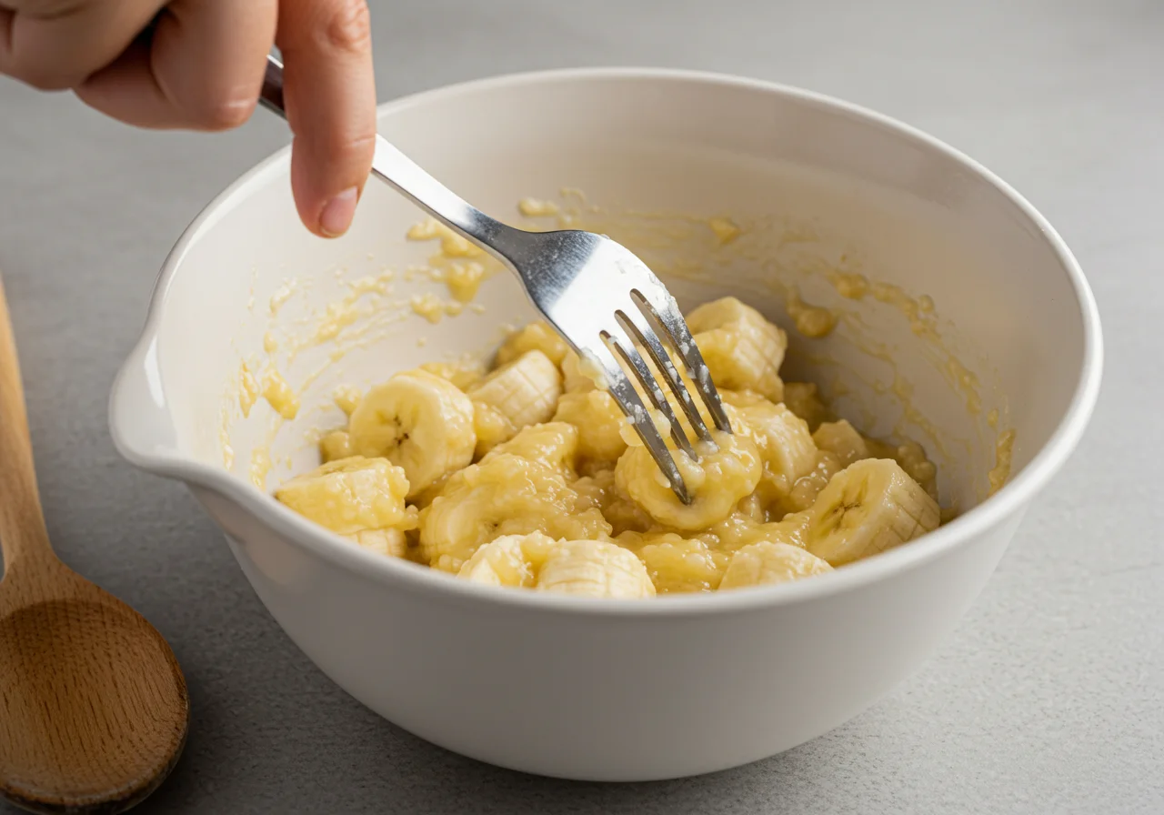 Bananas being mashed for a delicious pão de banana recipe.