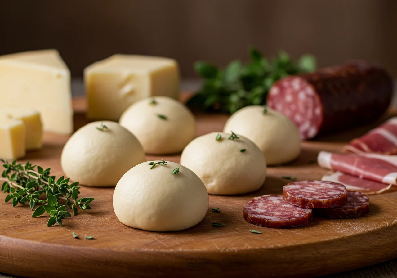 Dough balls resting for pão recheado receita, surrounded by gourmet filling ingredients.