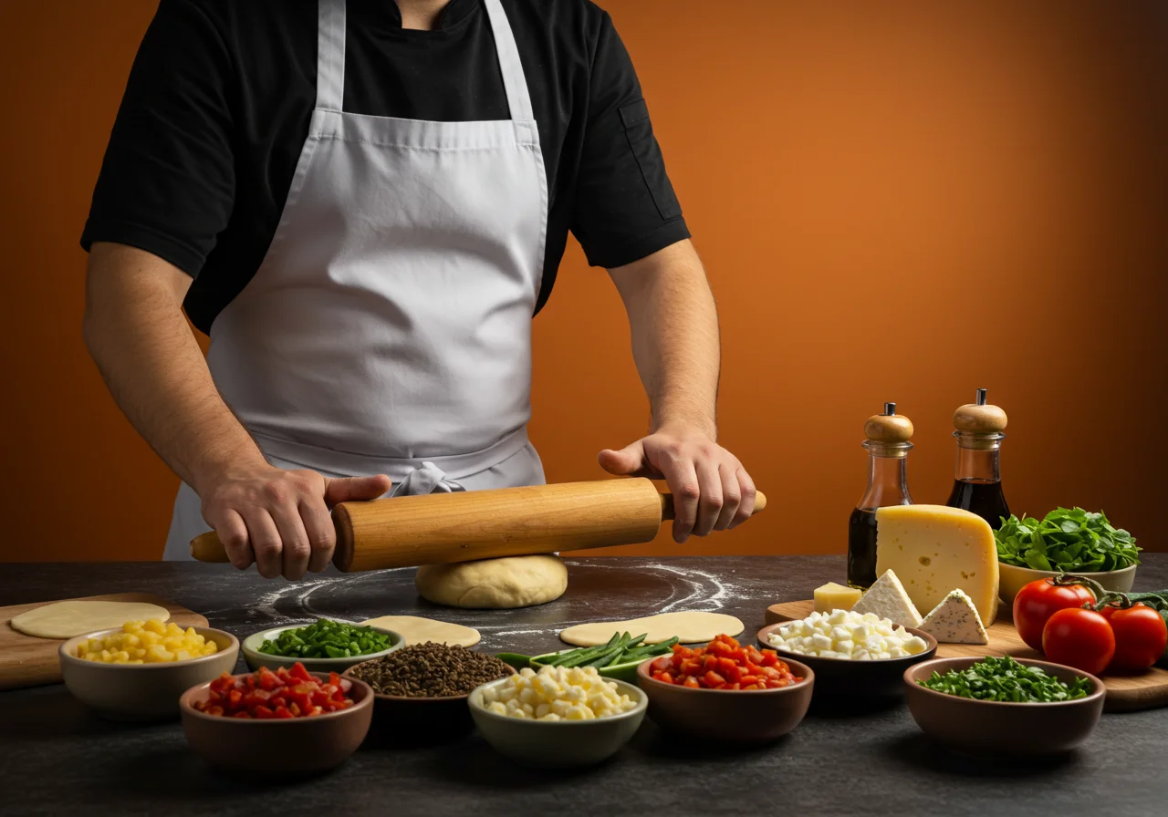 Chef flattening dough for receita pão recheado, with gourmet fillings in the background.