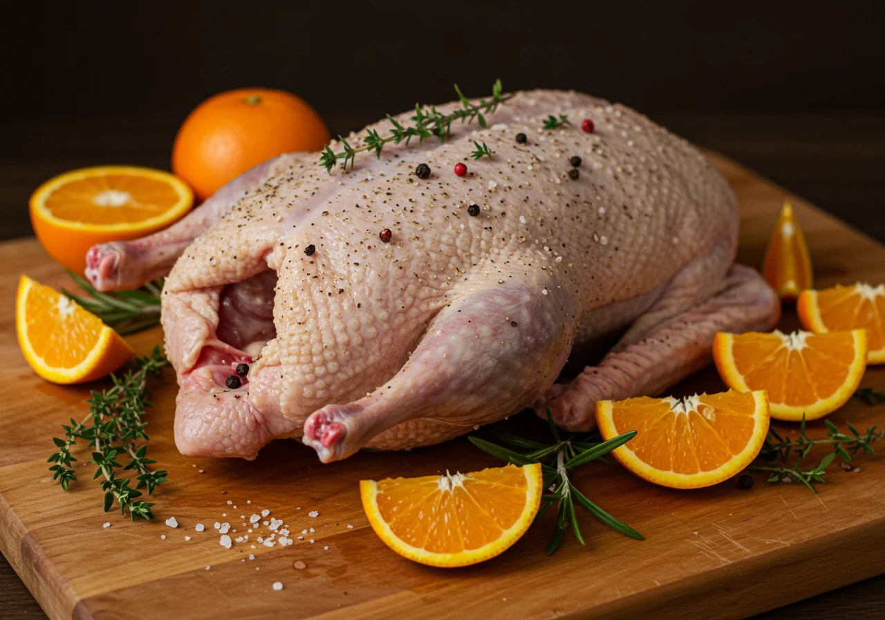Preparação do pato com laranja, pato temperado e laranjas frescas ao redor.