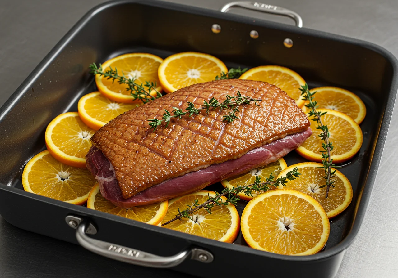 Pato com laranja pronto para assar no forno, decorado com laranjas e ervas.