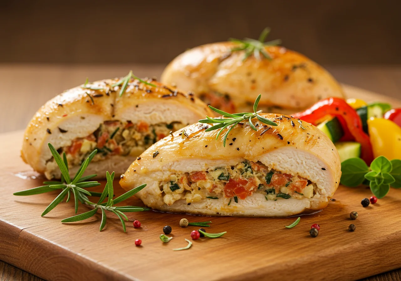 Peito de frango recheado servido em um prato com legumes frescos.