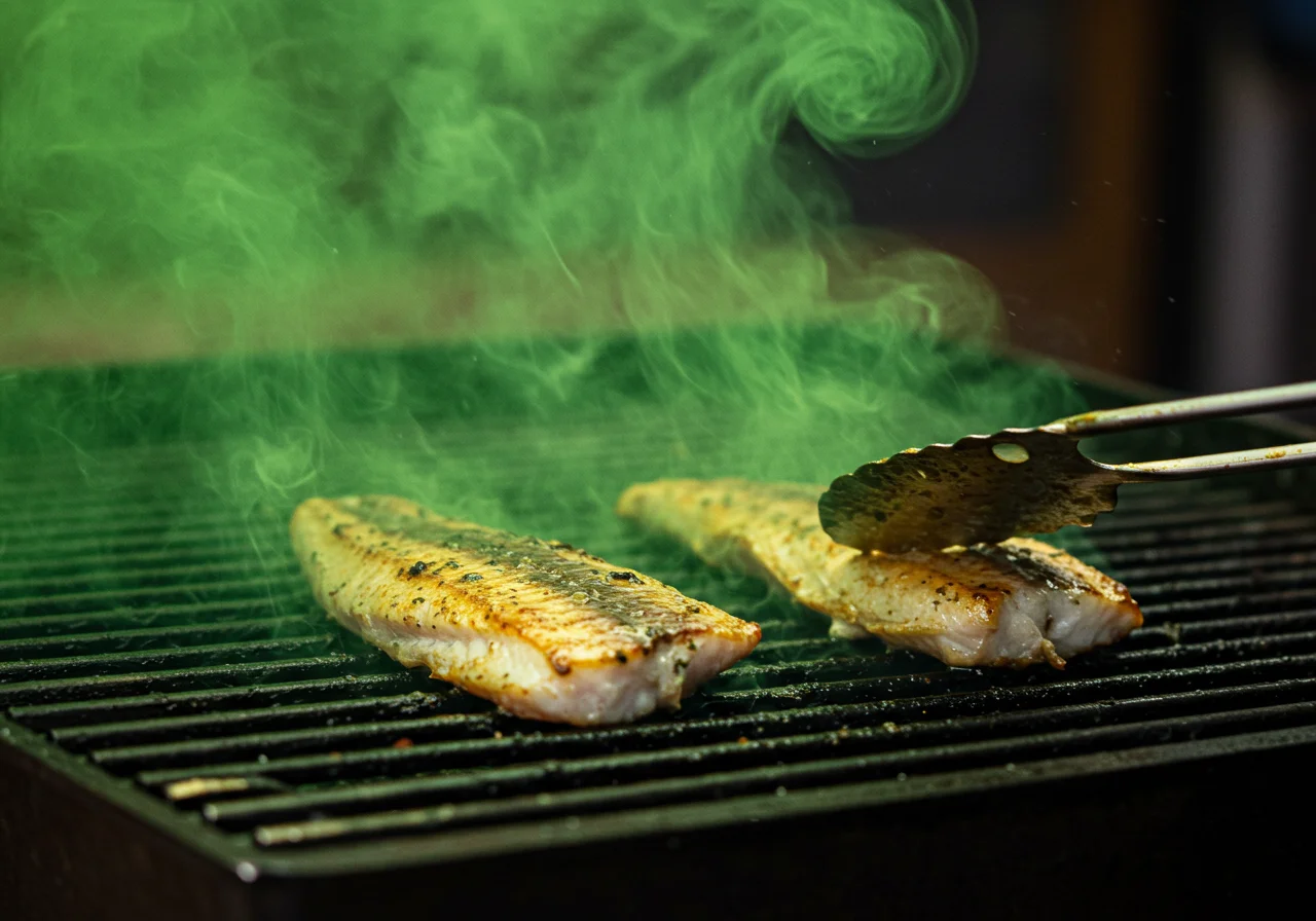 Peixe agulha fillet being grilled, creating a delicious smoky aroma.