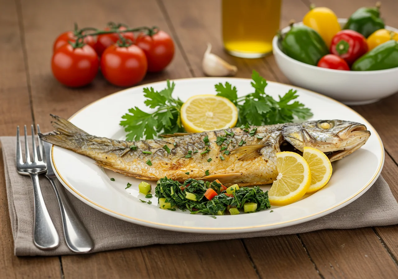 Plated grilled peixe agulha, garnished and ready to enjoy.