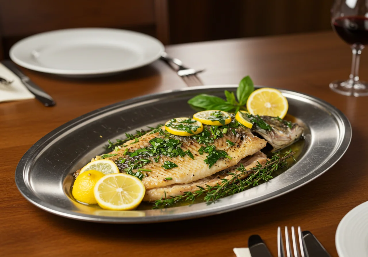 Filé de Peixe Manteiga ao Vapor servido com ervas frescas e limão.