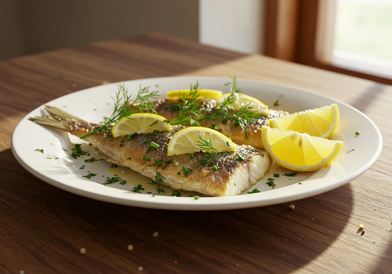 Finished dish of peixe palhaço, a tasty tempered clownfish meal ready to be enjoyed.