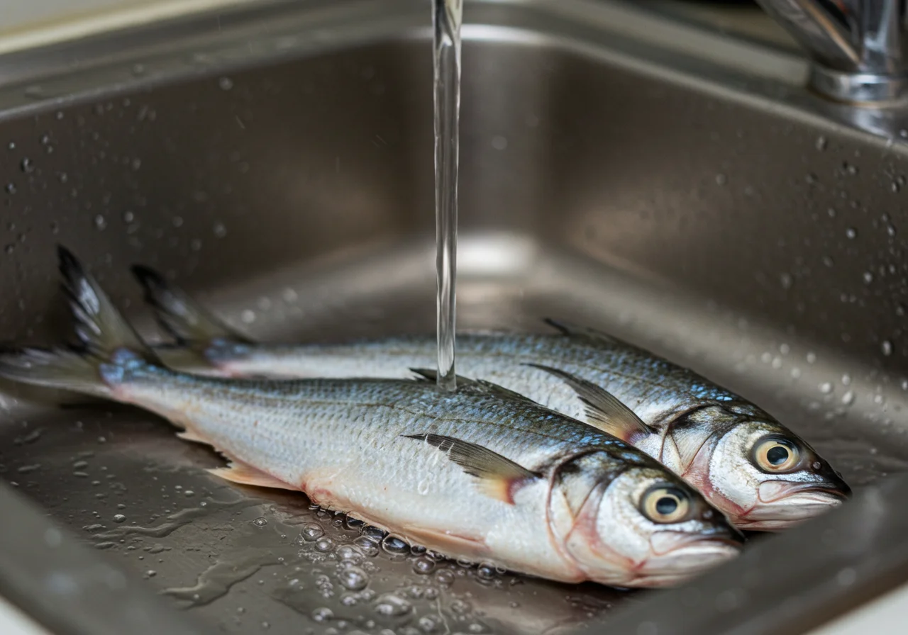 Fresh peixe palhaço being rinsed, preparing for the tempered clownfish recipe.