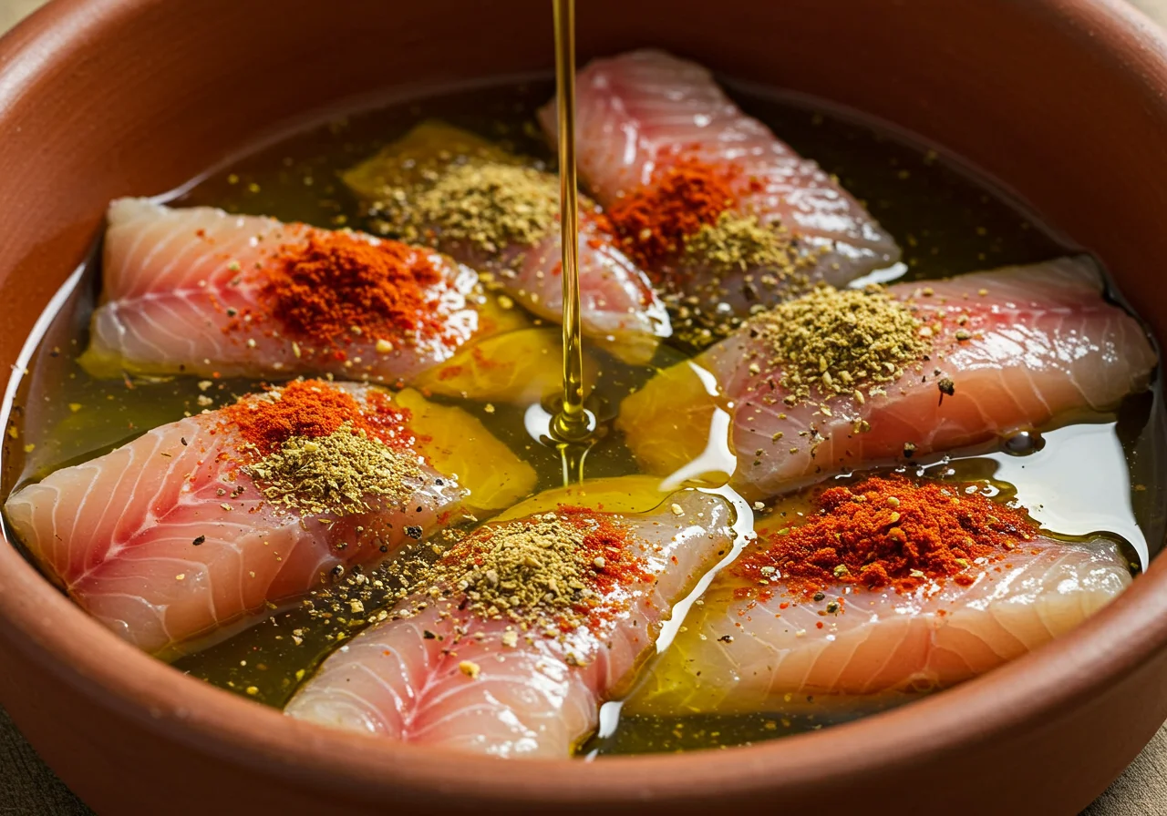 Spices and marinade being prepared for tempering peixe palhaço fish.