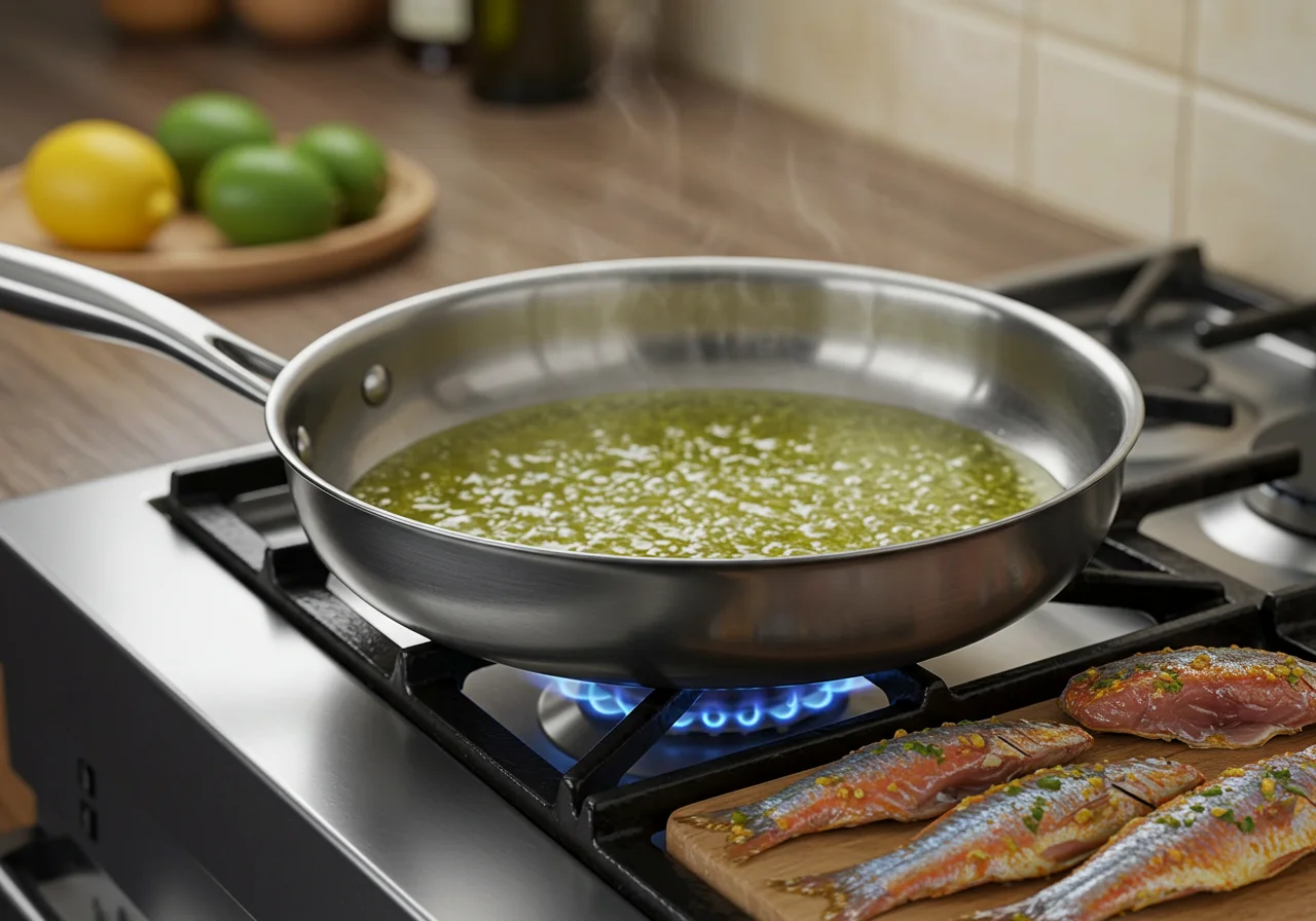 Frying pan heating olive oil for cooking tempered peixe palhaço fish.