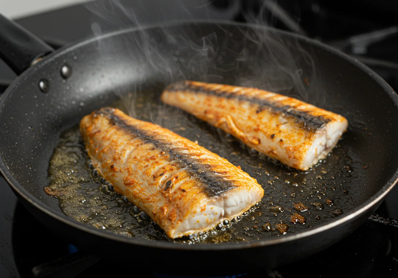 Peixe palhaço being seared in a frying pan, showcasing the cooking process for clownfish.