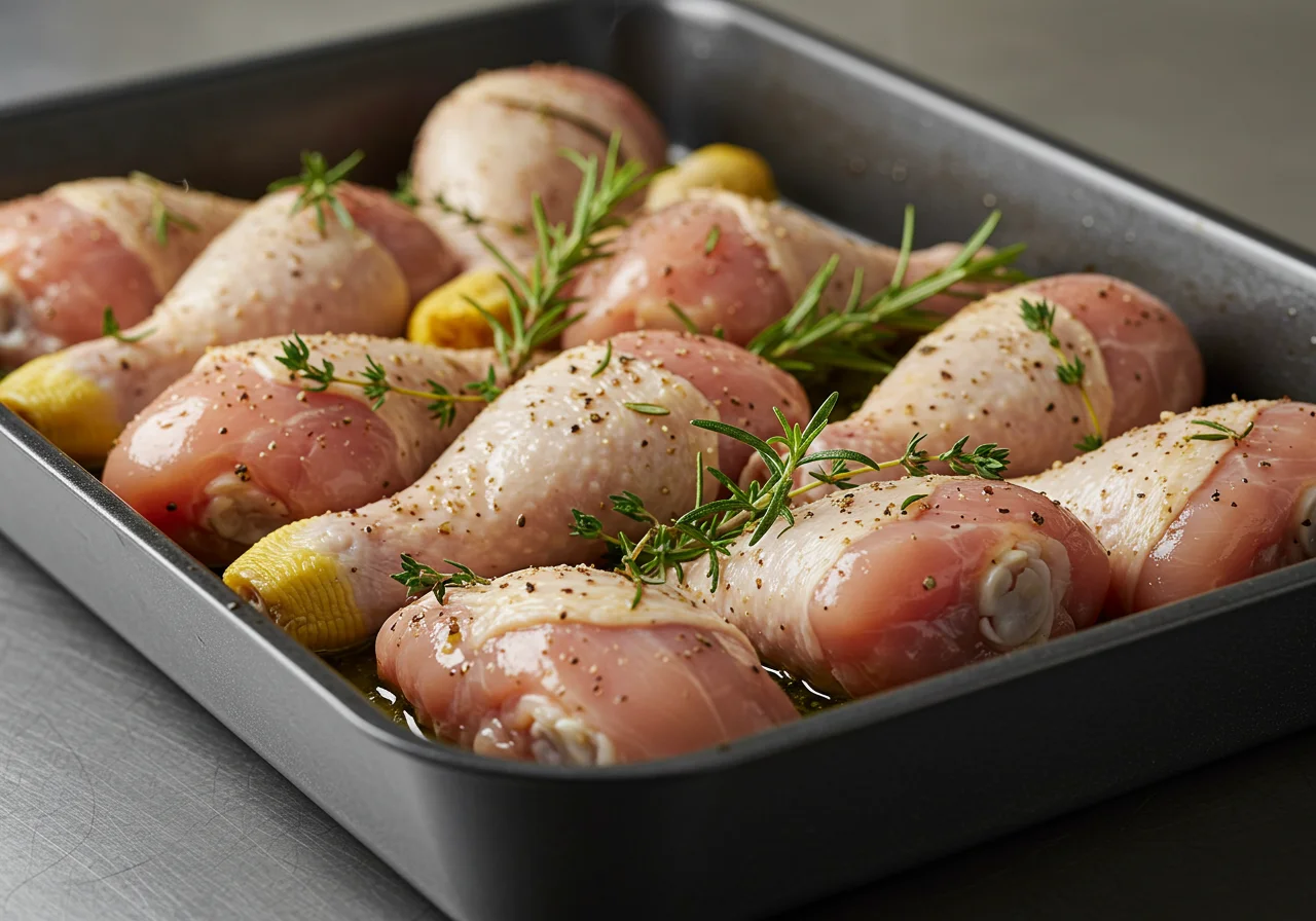 Pernas de frango temperadas em uma assadeira para a receita de pernas de frango no forno.