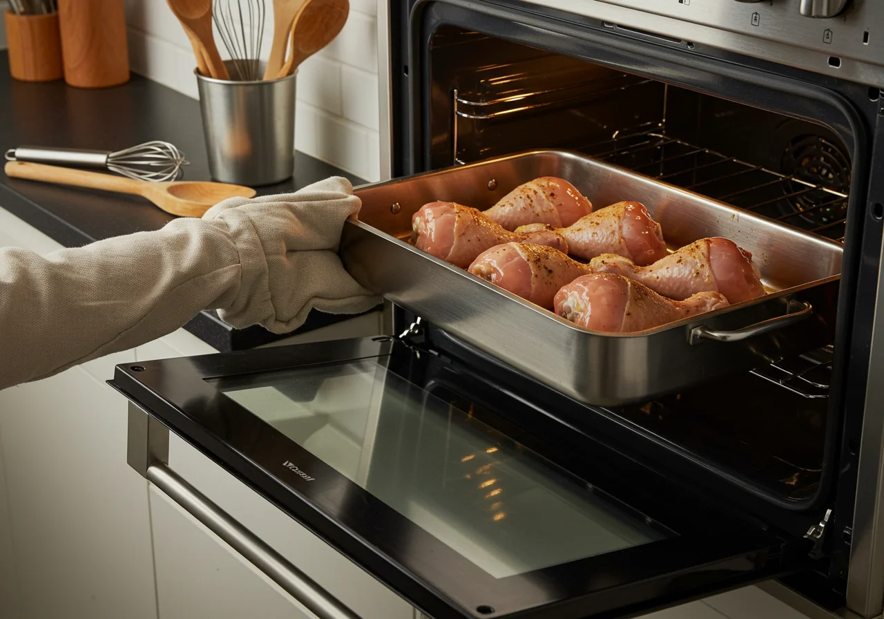 Pernas de frango sendo colocadas no forno para assar na receita de pernas de frango no forno.
