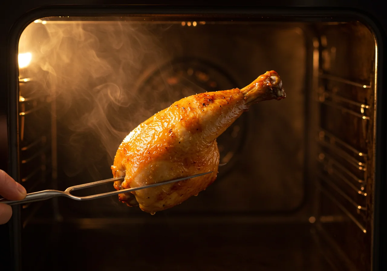 Pernas de frango no forno sendo retiradas, mostrando a cor dourada perfeita.