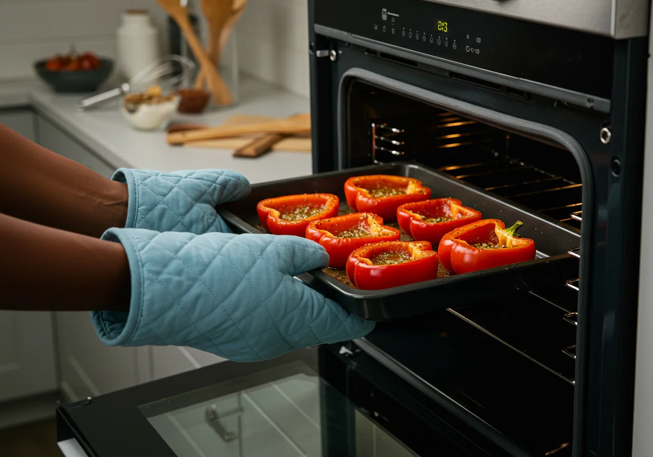 Pimentos vermelhos temperados sendo colocados no forno para assar.