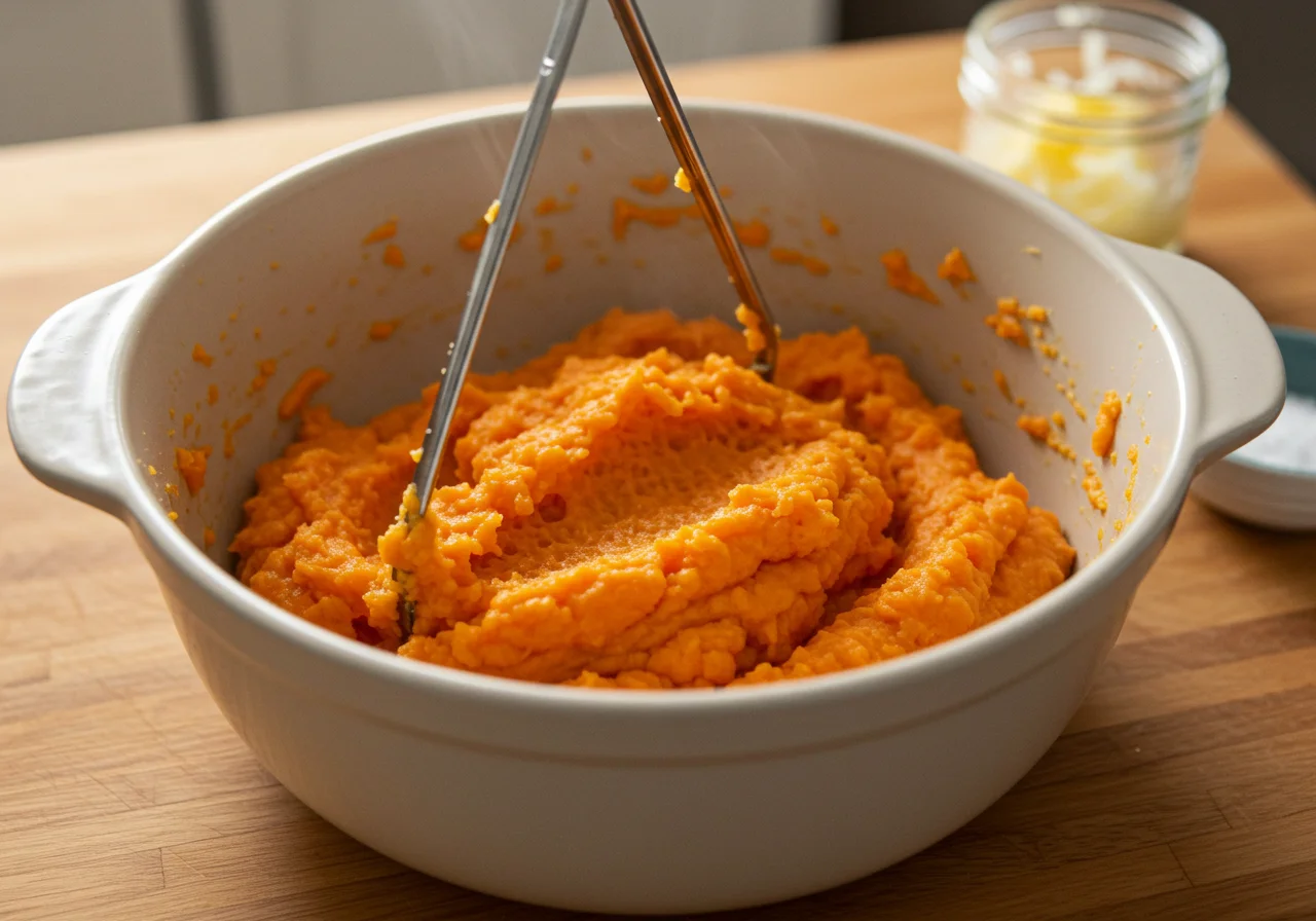 Mashing cooked sweet potatoes for puré de batata doce with butter and salt.