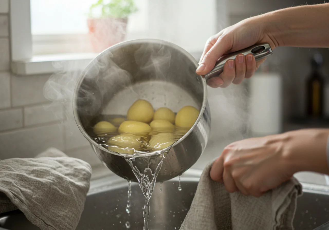 Draining cooked potatoes for receita pure de batata mixture.
