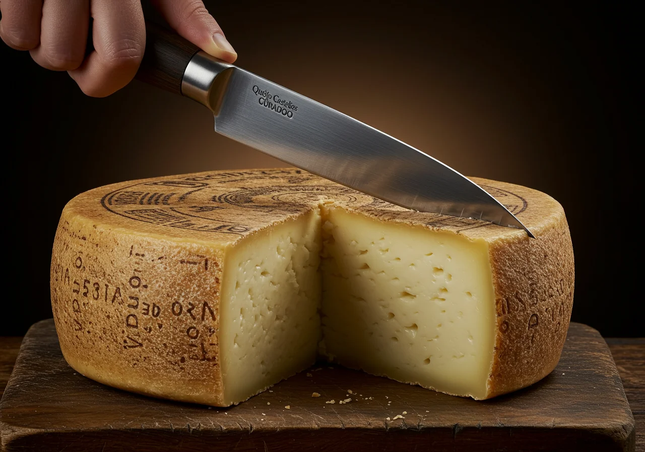 Cutting Queijo Castelões Curado cheese to reveal its rich texture and flavor profile.