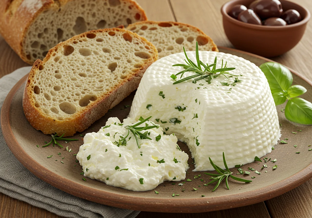 Freshly made queijo ricota served with bread and olives, ideal for a simple and delicious meal.