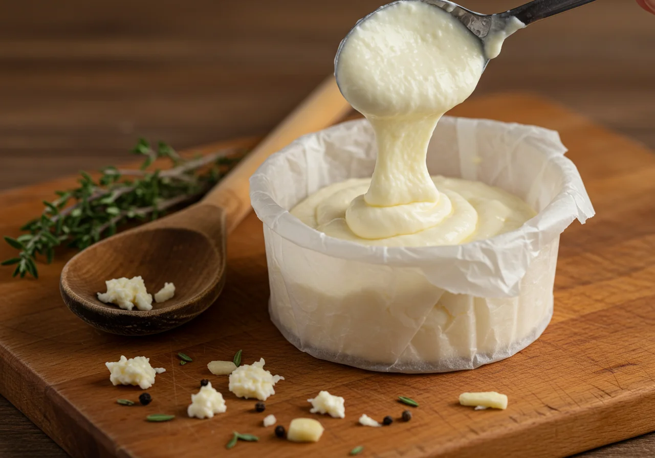 Filling a cheese mold with creamy lactose-free cheese mixture to set.