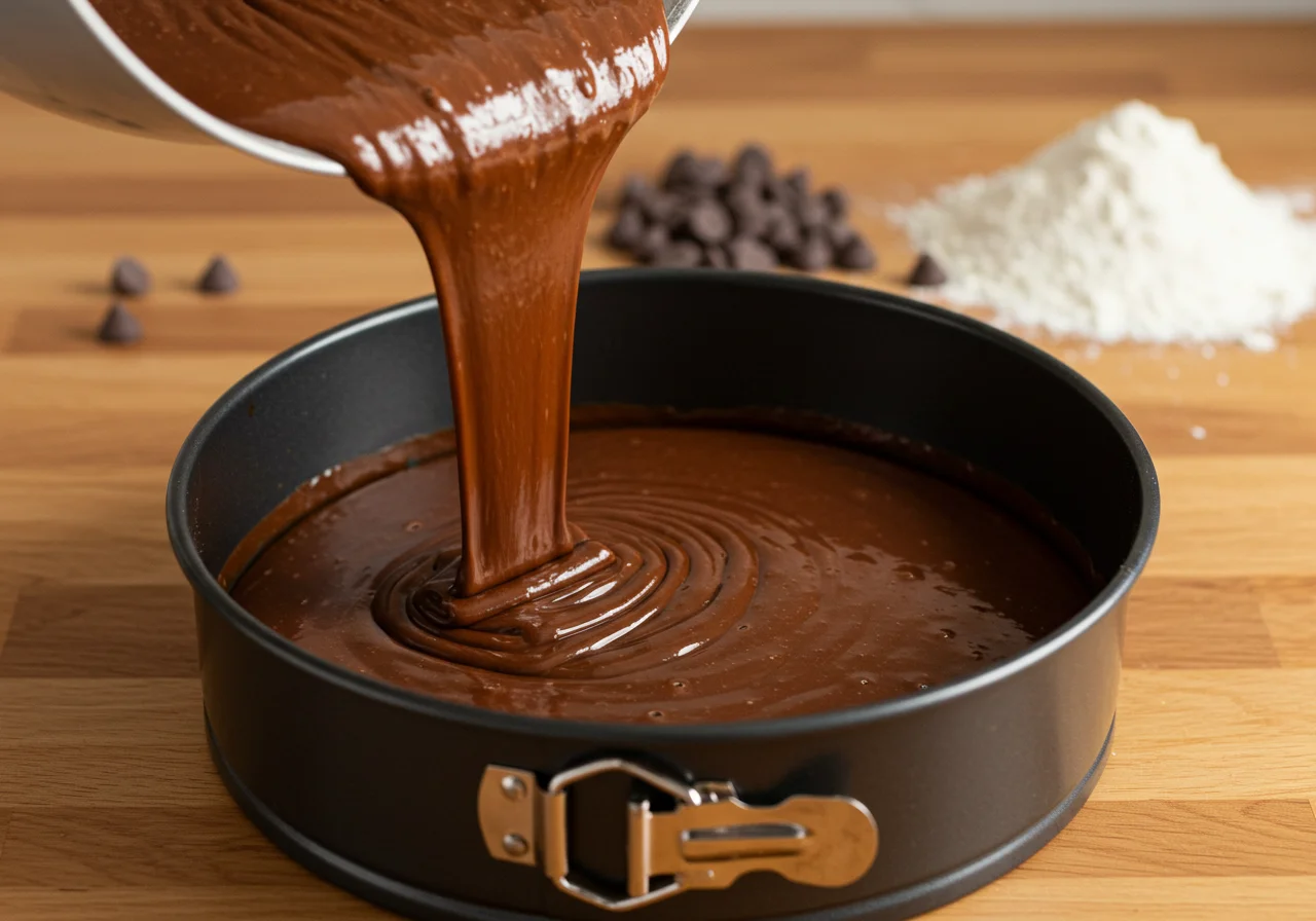 Filling a cake pan with queque de chocolate batter before baking.