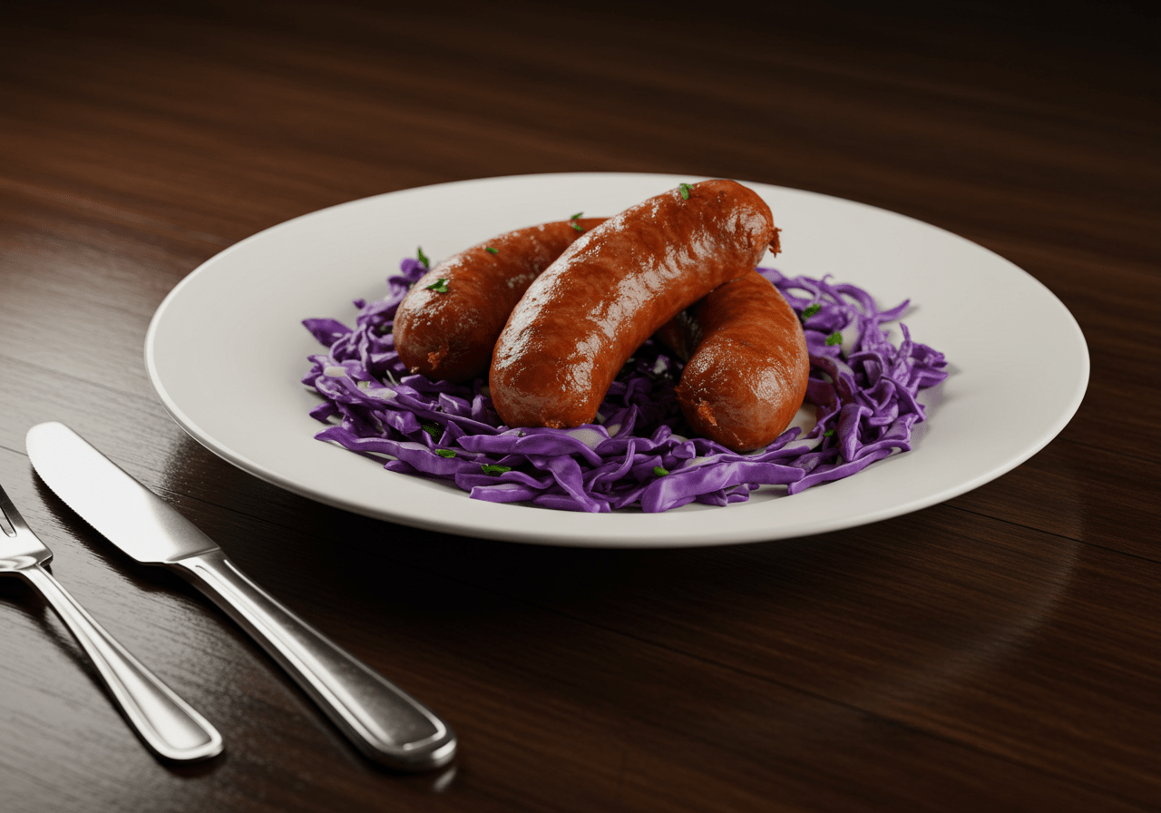 Delicious salsichas com couve lombarda ready to serve, highlighting the dish's appeal.